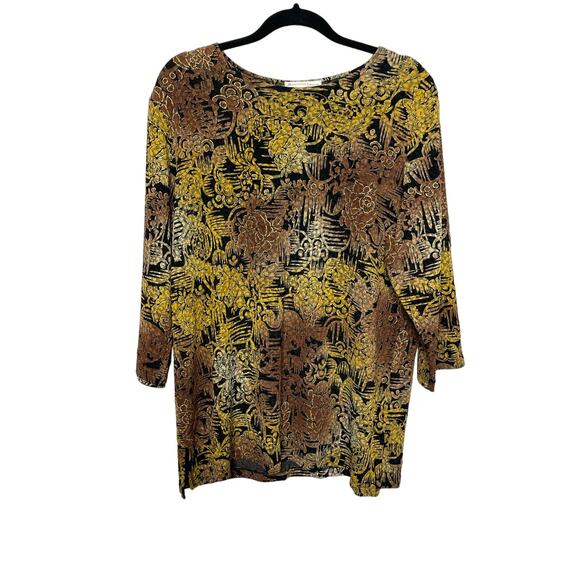 JM Collection Long Sleeve Blouse Crewneck Textured Print Plus Size Gold Brown 2X - Picture 1 of 12